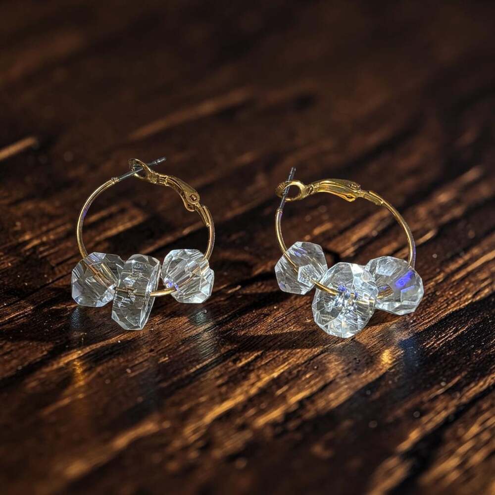 Faceted Clear Crystal Bead Gold Tone Hoop Earrings